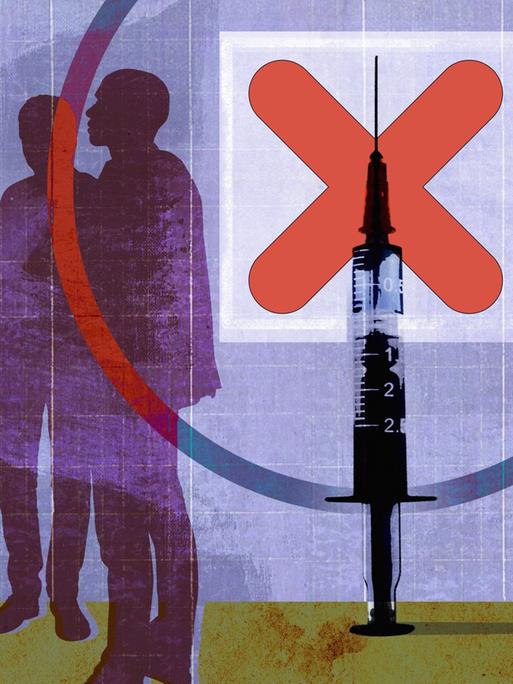 Die Illustration zeigt im Zentrum eine aufgezogene Spritze, hinterlegt von einem roten Kreuz. Links und rechts davon sind Schattenrisse von Männern und Frauen zu sehen, die der Spritze den Rücken zukehren.