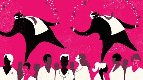 Illustration: Geschäftsmänner jonglieren mit Geld über ÄrztInnen, Krankenschwestern und PflegerInnen.