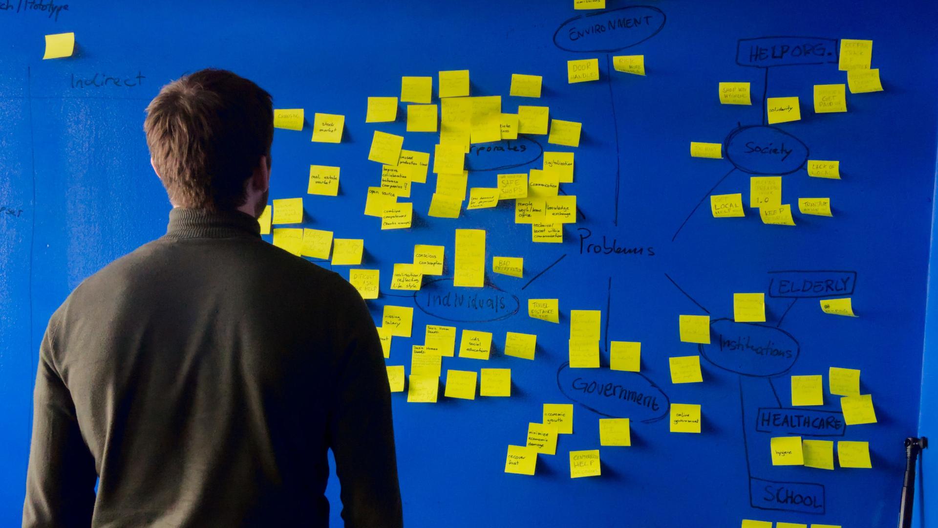 Ein Mann schaut auf eine Wand, an der viele Notizzettel kleben.