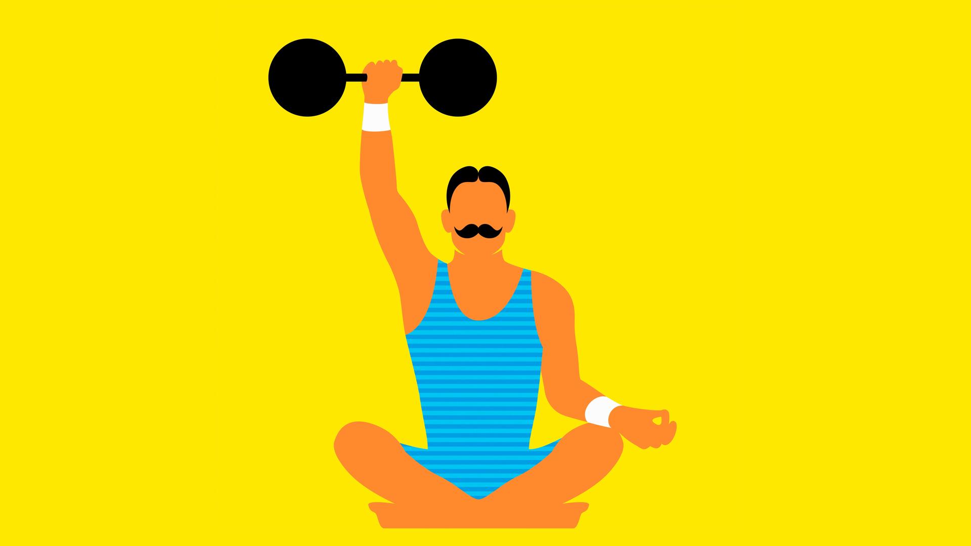 Illustration: Ein starker Mann mit Moustache medititiert und hebt dabei eine Hantel vor gelbem Hund.