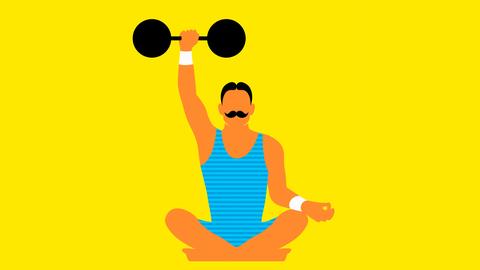 Illustration: Ein starker Mann mit Moustache medititiert und hebt dabei eine Hantel vor gelbem Hund.