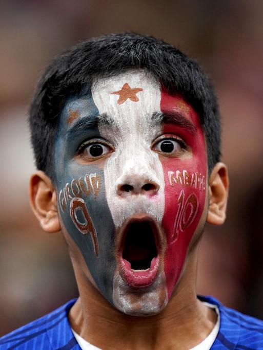 Ein junger Fan jubelt. Sein Gesicht ist mit den Farben der französischen Flagge bemalt.