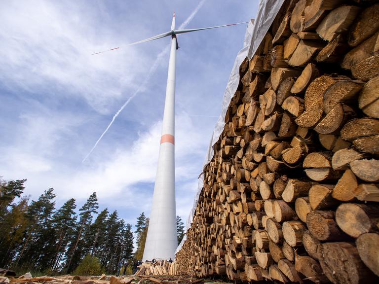 Eine Windkraftanlagen steht auf einer Lichtung im Wald nahe dem Creußener Ortsteil Neuhof. Rechts im Vordergrund sind Baumstämme zum Abtransport gestapelt.