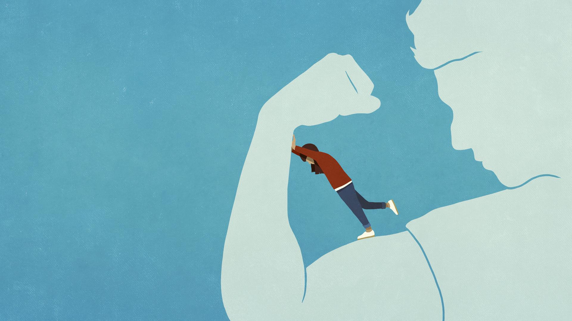 Illustration einer Frau, die den gespannten Arm einer Person herunterdrückt, während sie auf dem Bizeps steht.