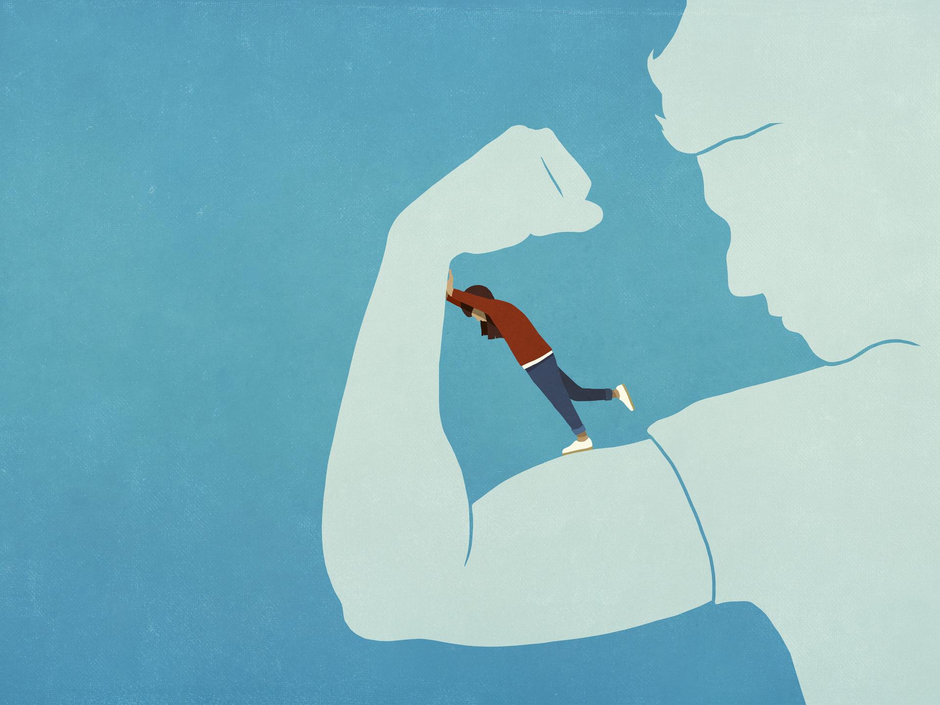 Illustration einer Frau, die den gespannten Arm einer Person herunterdrückt, während sie auf dem Bizeps steht.