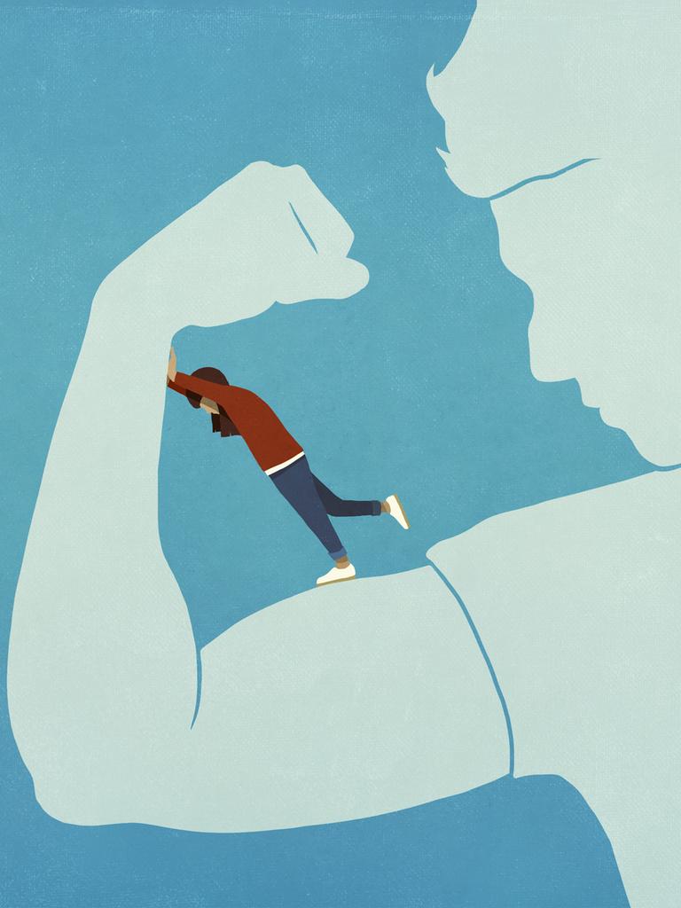 Illustration einer Frau, die den gespannten Arm einer Person herunterdrückt, während sie auf dem Bizeps steht.