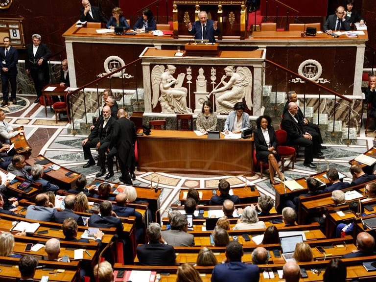 Blick ins französische Parlament, wo zahlreiche Abgeordnete in einem Halbrund sitzen.  Blick ins französische Parlament, wo zahlreiche Abgeordnete in einem Halbrund sitzen.