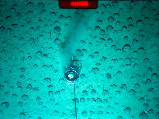 Manganknollen am Meeresboden in einer Tiefe von mehreren tausend Metern, die in ein türkises Licht getaucht sind. 