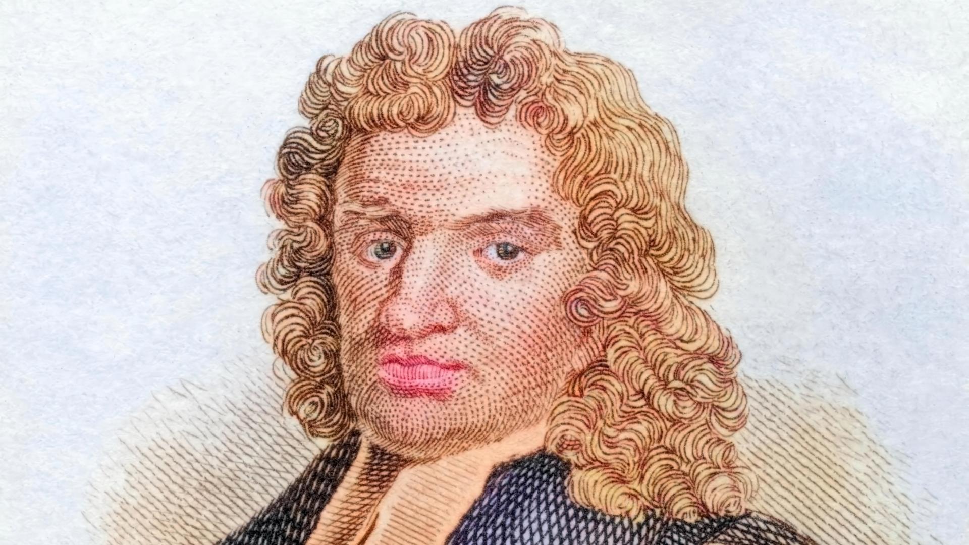 Eine kolorierte historische Darstellung zeigt den Astronomen John Flamsteed im Porträt. Eine kolorierte historische Darstellung zeigt den Astronomen John Flamsteed im Porträt.