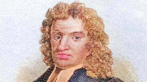 Eine kolorierte historische Darstellung zeigt den Astronomen John Flamsteed im Porträt.