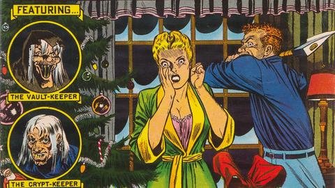 Das Cover einer Ausgabe des Comic-Heftes "Vault of Horror" zeigt eine Frau, die erschrocken erkennt, dass  unter ihrem Weihnachtsbaum ein Sarg steht. Hinter ihr steht ein Mann, der mit einem Spaten ausholt, um sie niederzuschlagen.