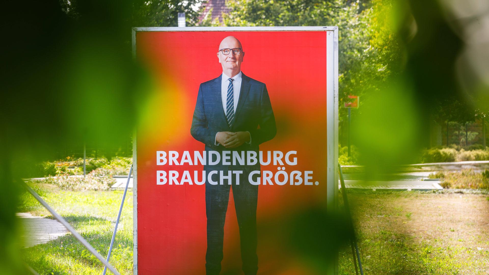 Ein großes Wahlplakat von Dietmar Woidke SPD-Ministerpraesident von Brandenburg steht in der suedbrandenburgischen Kleinstadt Finsterwalde auf einer Wiese. Als amtierender Ministerpraesident ist Dietmar Woidke der Spitzenkandidat der SPD Brandenburg. 