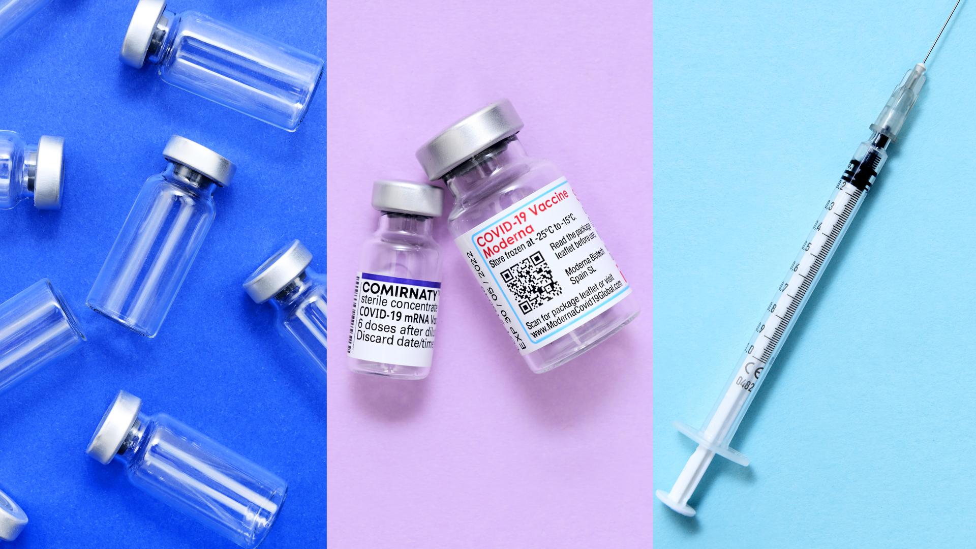 Dreiteiliges Bild: Impfstoffflaschen, Impfstoffe von Moderna und Biontech und Impfspritze.