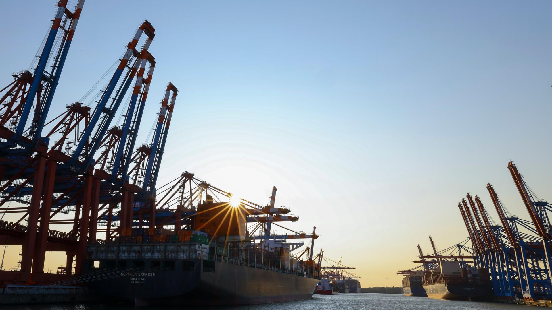 Container werden auf dem Terminal von Eurogate (l) und dem Container Terminal Burchardkai (CTB) der Hamburger Hafen und Logistik AG (HHLA) im Hafen von Hamburg umgeschlagen. (zu „EU-USA Zollkonflikt: Frist für US-Sonderzölle endet“) Container werden auf dem Terminal von Eurogate (l) und dem Container Terminal Burchardkai (CTB) der Hamburger Hafen und Logistik AG (HHLA) im Hafen von Hamburg umgeschlagen. (zu „EU-USA Zollkonflikt: Frist für US-Sonderzölle endet“)