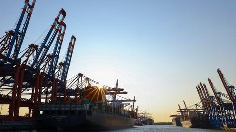 Container werden auf dem Terminal von Eurogate (l) und dem Container Terminal Burchardkai (CTB) der Hamburger Hafen und Logistik AG (HHLA) im Hafen von Hamburg umgeschlagen.