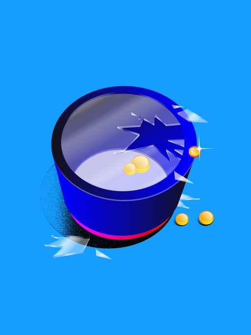 Ein blauer Behälter mit mehreren Goldstücken