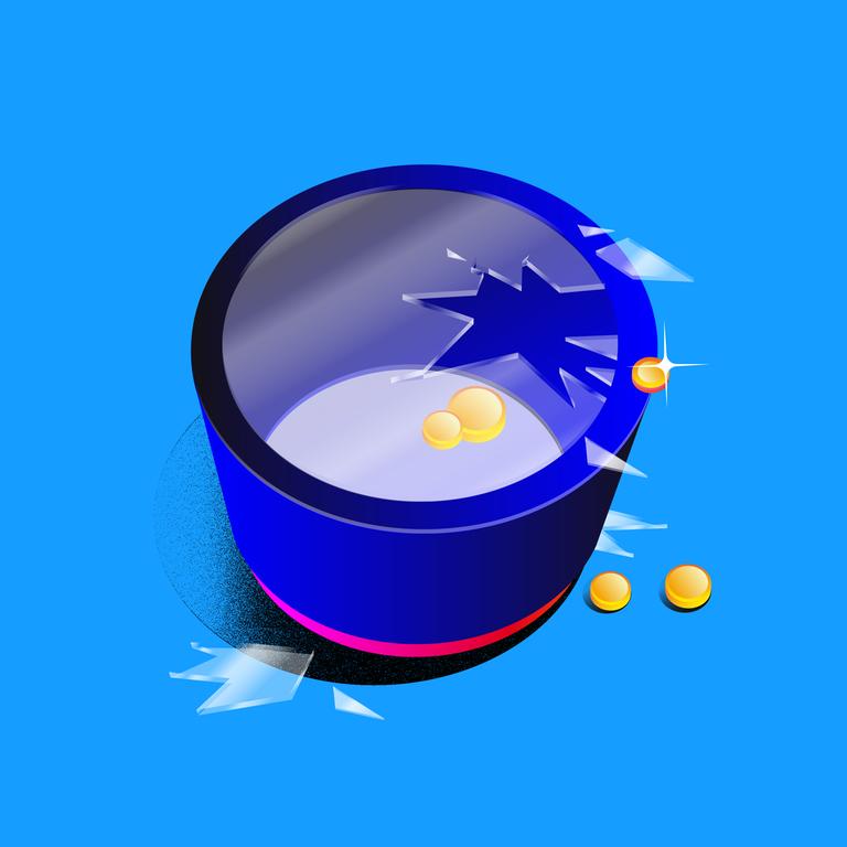 Ein blauer Behälter mit mehreren Goldstücken