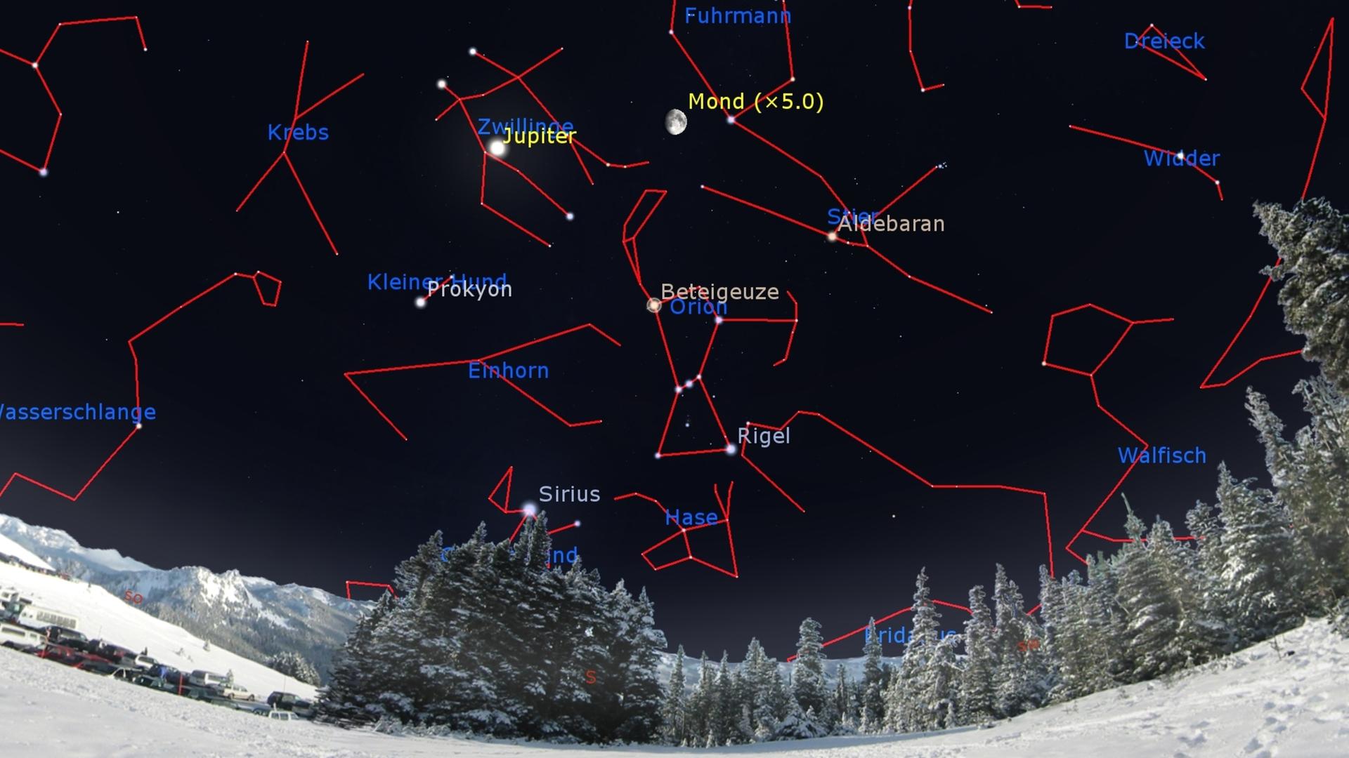 Ein Nachthimmel, auf dem verschiedene Planeten und Sternenbilder eingezeichnet sind.