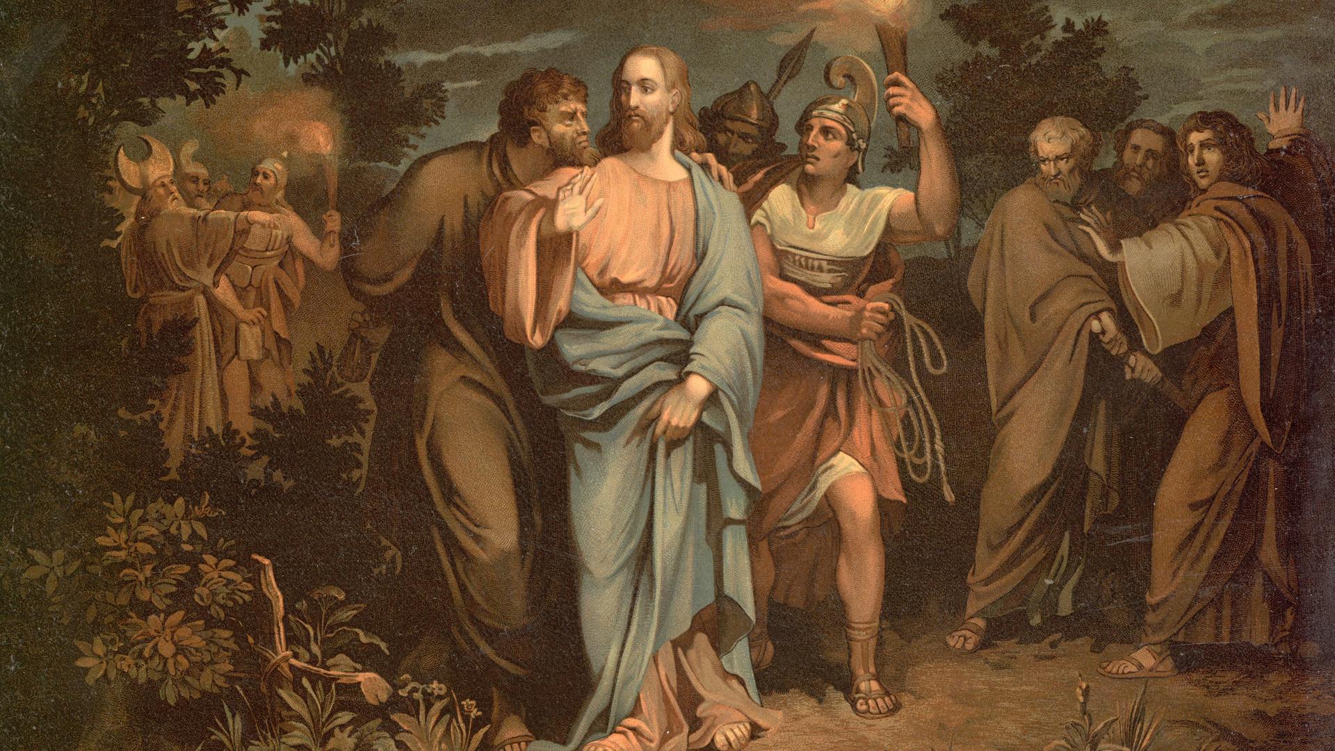 Szene aus der biblischen Geschichte, Der Kuss des Judas, Judaskuss, authentische Reproduktion eines Schulwandbildes, historisch, um 1900. Szene aus der biblischen Geschichte, Der Kuss des Judas, Judaskuss, authentische Reproduktion eines Schulwandbildes, historisch, um 1900.