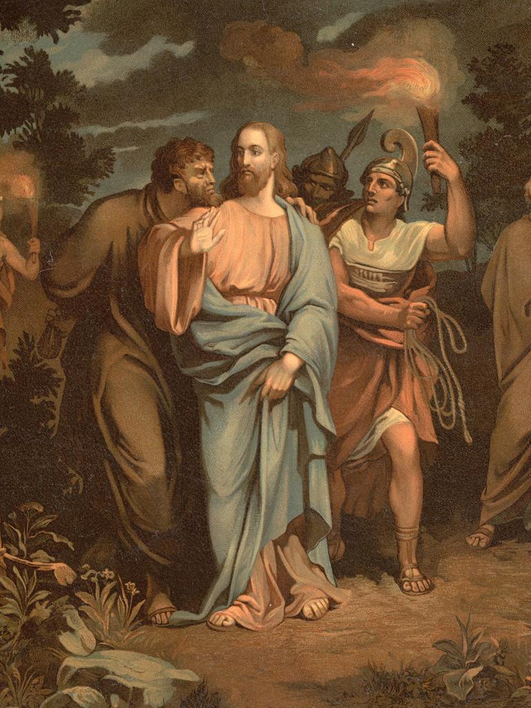 Szene aus der biblischen Geschichte, Der Kuss des Judas, Judaskuss, authentische Reproduktion eines Schulwandbildes, historisch, um 1900.