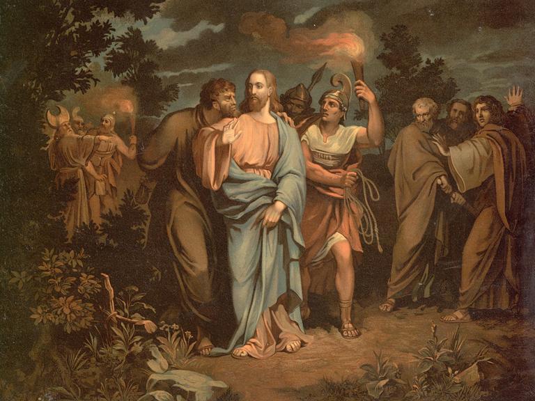 Szene aus der biblischen Geschichte, Der Kuss des Judas, Judaskuss, authentische Reproduktion eines Schulwandbildes, historisch, um 1900.