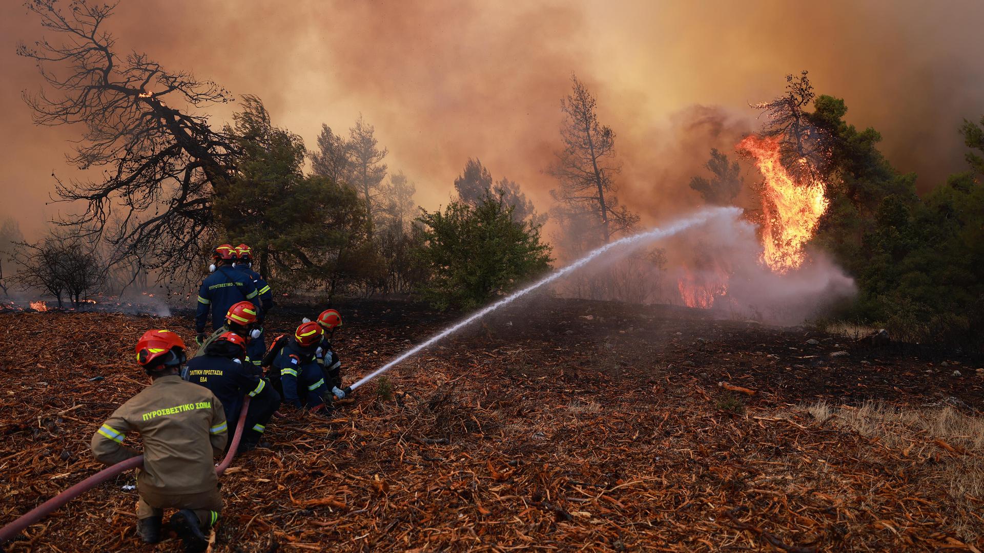 Feuerwehrleute bei der Brandbekämpfung in der Nähe von Porto Germeno, rund 70 Kilometer nordwestlich von Athen; der Himmel ist dunkel vom Rauch; es steigen Flammen auf.