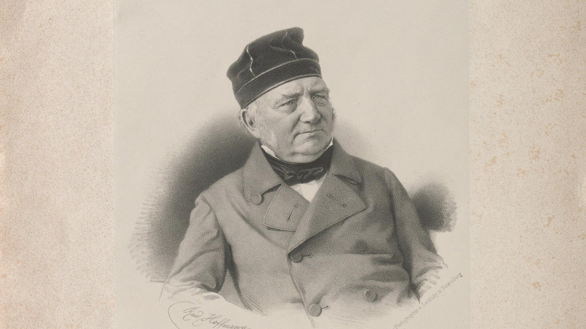 Eine künstlerische Darstellung von Rudolf Hoffmann aus dem Jahr 1857 zeigt Friedrich Georg Wilhelm Struve.