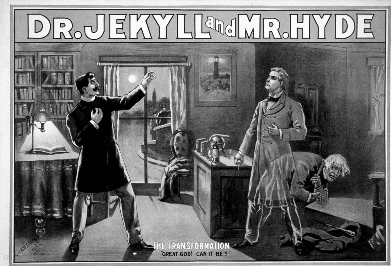 Eine Illustration mit der Übrschrift "Dr. Jekyll & Mr. Hyde" zeigt zwei Männer und eine weitere, gruselige Figur.