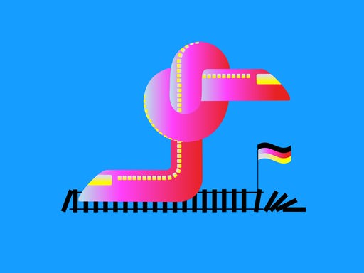 Illustration eines ICE, der sich verknotet. Auf den schwarzen Gleisen weht eine Deutschlandflagge.