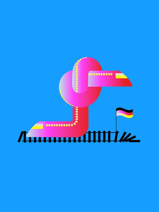 Illustration eines ICE, der sich verknotet. Auf den schwarzen Gleisen weht eine Deutschlandflagge.