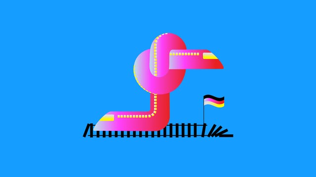 Illustration eines ICE, der sich verknotet. Auf den schwarzen Gleisen weht eine Deutschlandflagge.