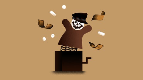 Abstrakte Zeichung eines gruselig schauenden Jack-in-the-box Clowns, der beim Hochschnellen Pillen und Geldscheine verteilt, vor braunem Hintergrund