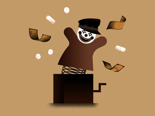 Abstrakte Zeichung eines gruselig schauenden Jack-in-the-box Clowns, der beim Hochschnellen Pillen und Geldscheine verteilt, vor braunem Hintergrund