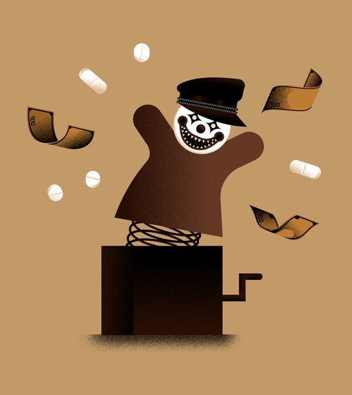 Abstrakte Zeichung eines gruselig schauenden Jack-in-the-box Clowns, der beim Hochschnellen Pillen und Geldscheine verteilt, vor braunem Hintergrund