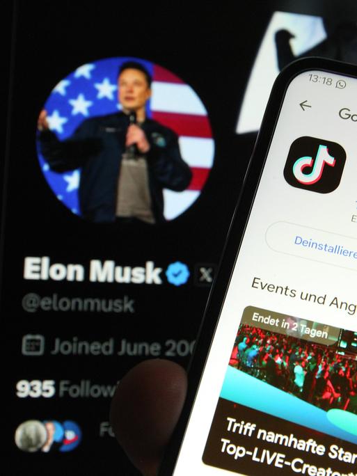 Screen mit dem X-Account von Elon Musk, daneben Handyscreen mit Tiktok-App 