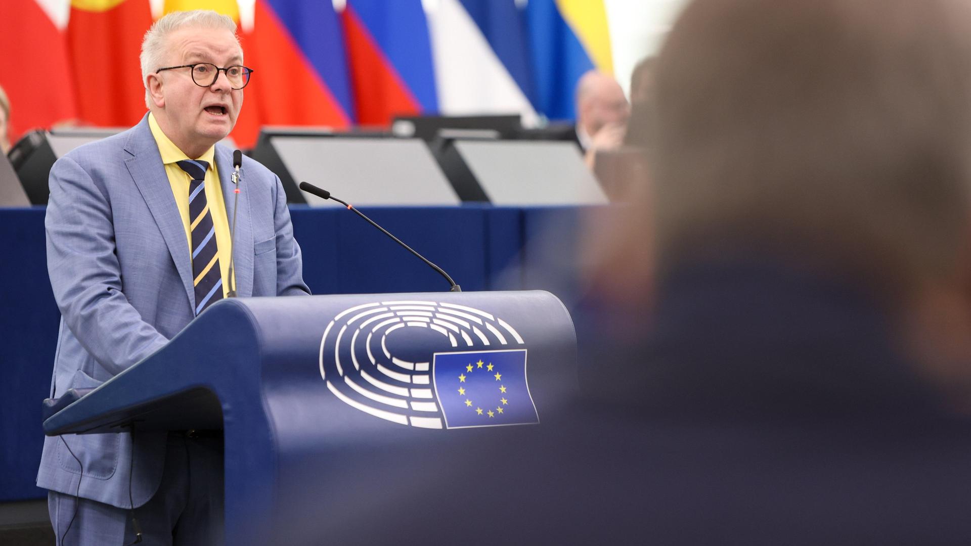 EVP-Mitglied Michael Gahler steht im EU-Pralament am Rednerpult und spricht 