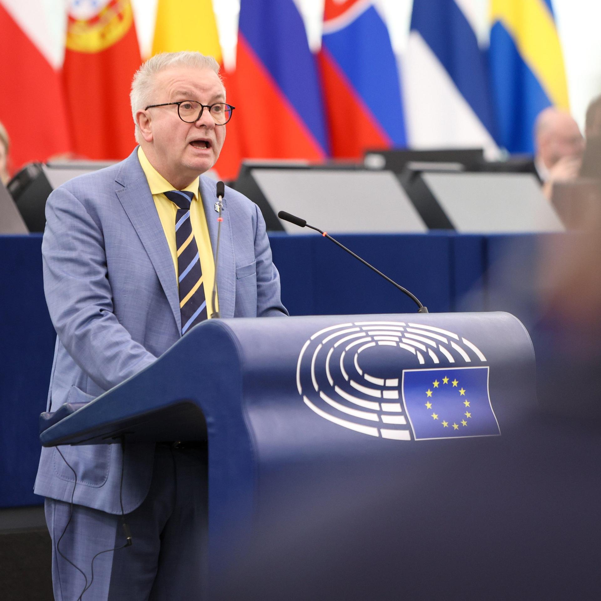 EVP-Mitglied Michael Gahler steht im EU-Pralament am Rednerpult und spricht 