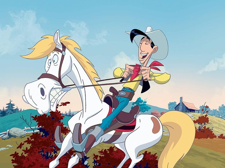 Die Comicfigur Lucky Luke auf seinem Pferd Rantanplan