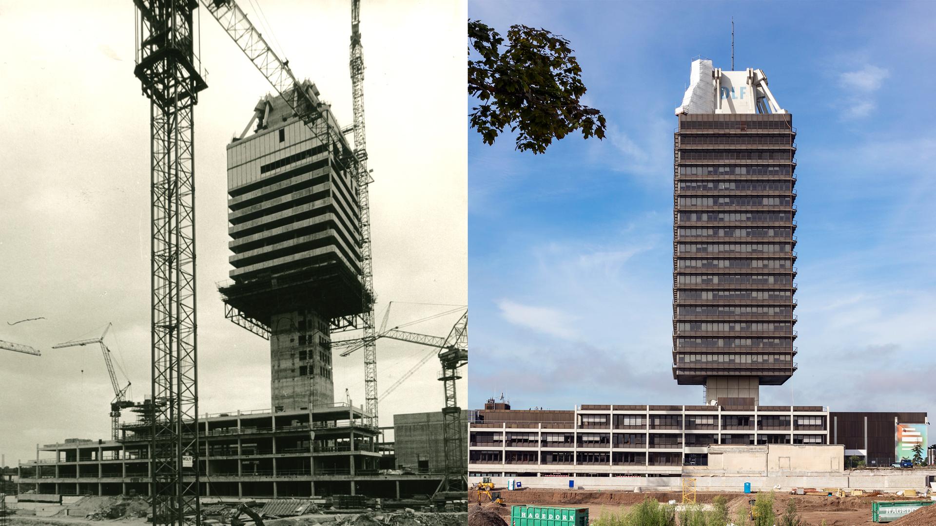 Zwei Bilder des Kölner Deutschlandradio-Funkhaus, links im Bau (1975/76) und heute