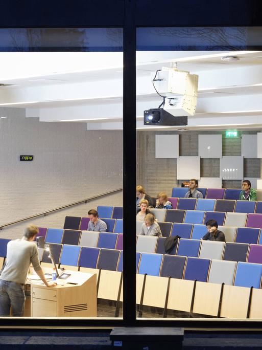 Blick durch ein Fenster in einen Hörsaal der Erasmus Universität in Rotterdam. Auf den Bänken sitzen einige Studierende. Vorne hält jemand einen Vortrag.