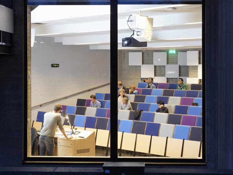 Blick durch ein Fenster in einen Hörsaal der Erasmus Universität in Rotterdam. Auf den Bänken sitzen einige Studierende. Vorne hält jemand einen Vortrag.