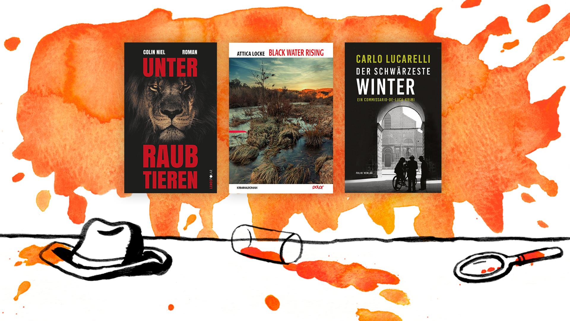 Collage mit den drei Covern von "Unter Raubtieren", "Black Water Rising" und "Der schwärzeste Winter".