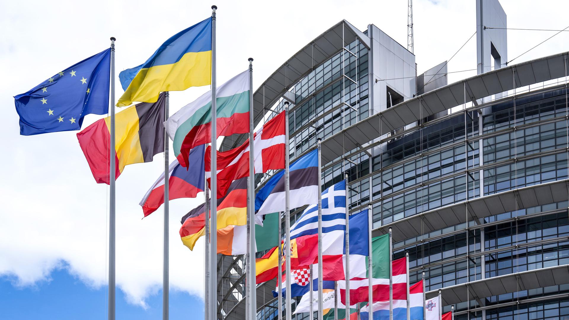 Vor dem Gebäude des Europäischen Parlaments in der französischen Stadt Straßburg wehen Flaggen der EU-Mitgliedstaaten.