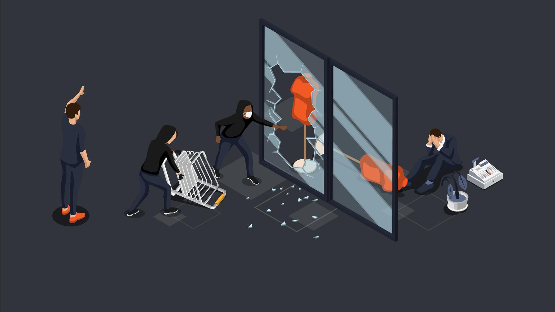Eine Illustration von Jugendlichen, die eine Schaufensterscheibe eingeworfen haben und einem weinenden Ladenbesitzer.