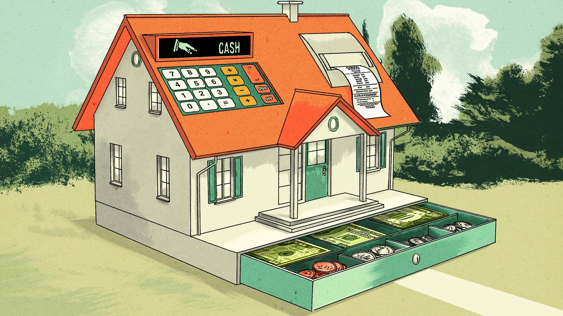 Illustration: Einfamilienhaus als Ladenkasse.