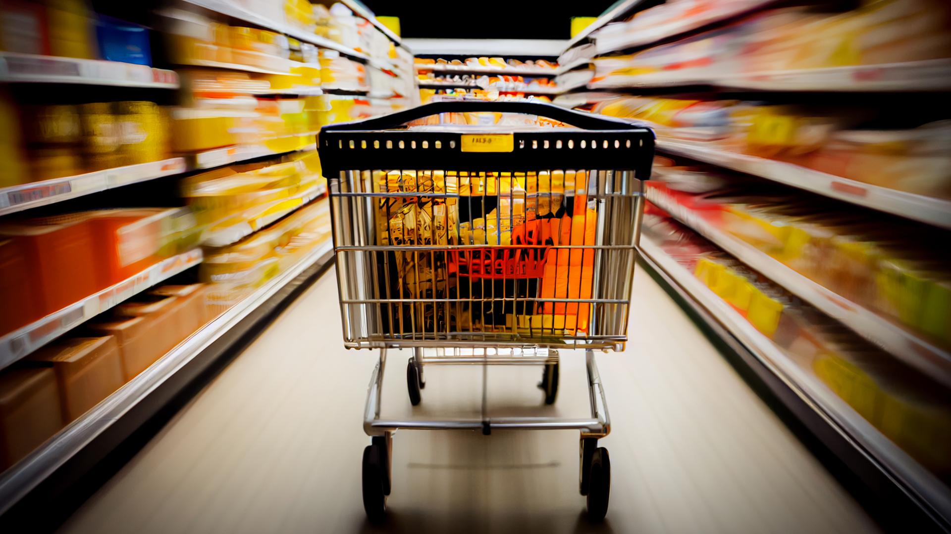 Ein Einkaufswagen im Supermarkt.