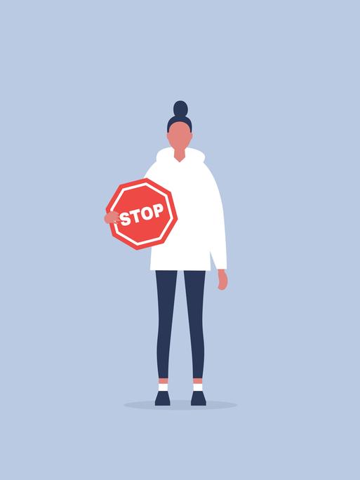 Illustration: Eine Frau trägt ein Stoppschild.