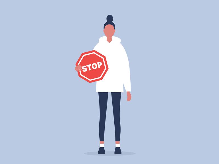 Illustration: Eine Frau trägt ein Stoppschild.