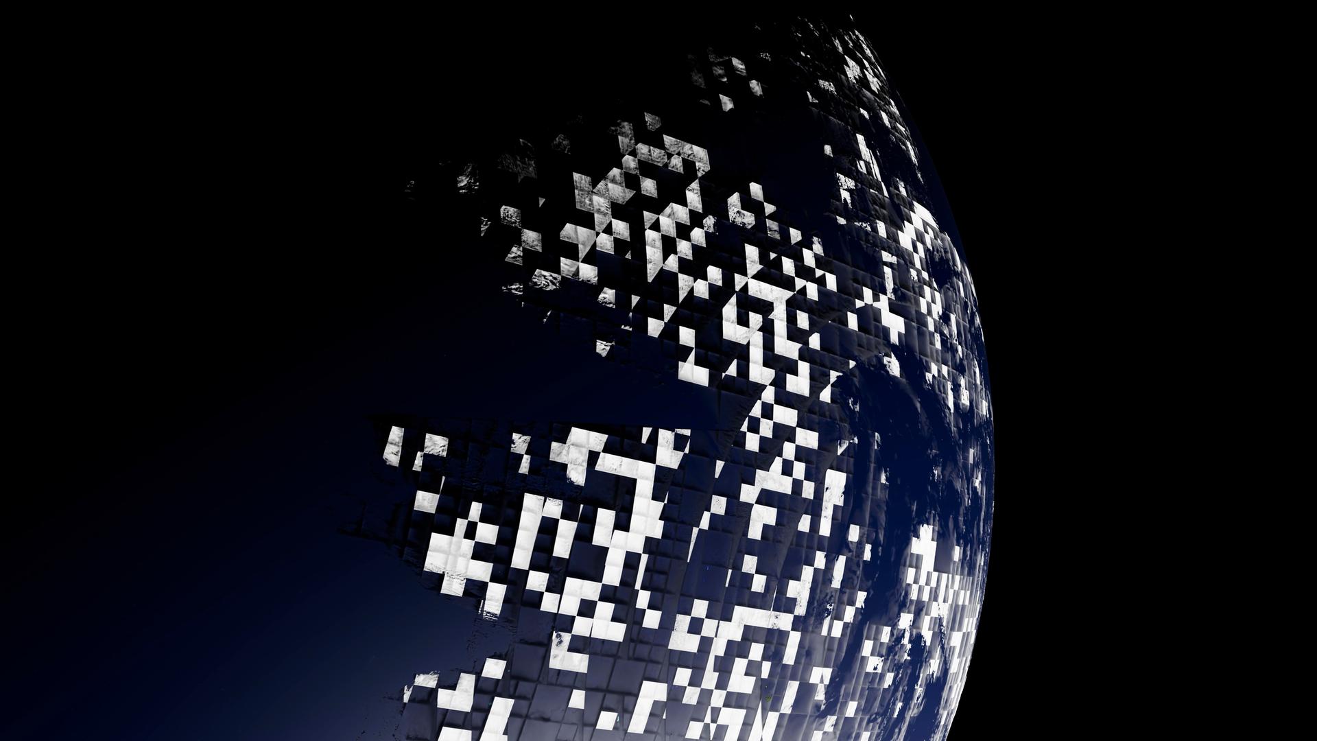 Ein abstrakter digitaler Planet mit kleinen Datenblöcken, die globale Transformation symbolisieren. Ein abstrakter digitaler Planet mit kleinen Datenblöcken, die globale Transformation symbolisieren.