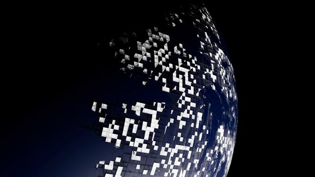 Ein abstrakter digitaler Planet mit kleinen Datenblöcken, die globale Transformation symbolisieren. 